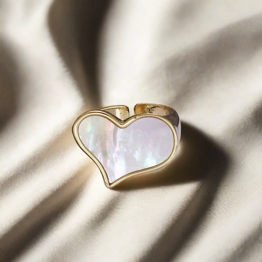 Timeless Elegance: Gold-Filled Love Heart White Shell Pearl Wide Band Ring