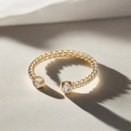 Twisted Elegance: Gold CZ Open Cuff Ring