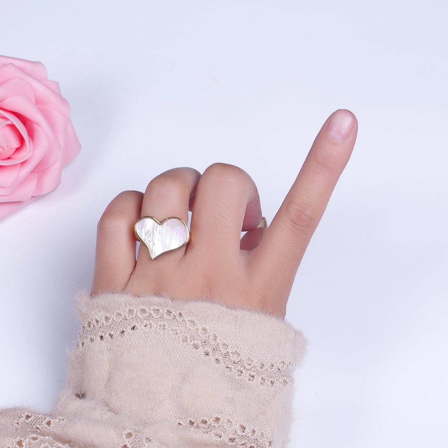 Timeless Elegance: Gold-Filled Love Heart White Shell Pearl Wide Band Ring