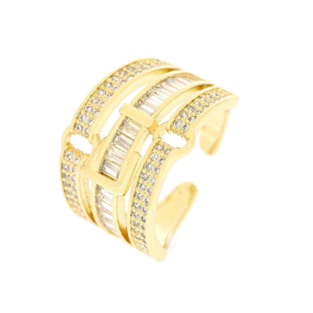a gold ring with white stones on it