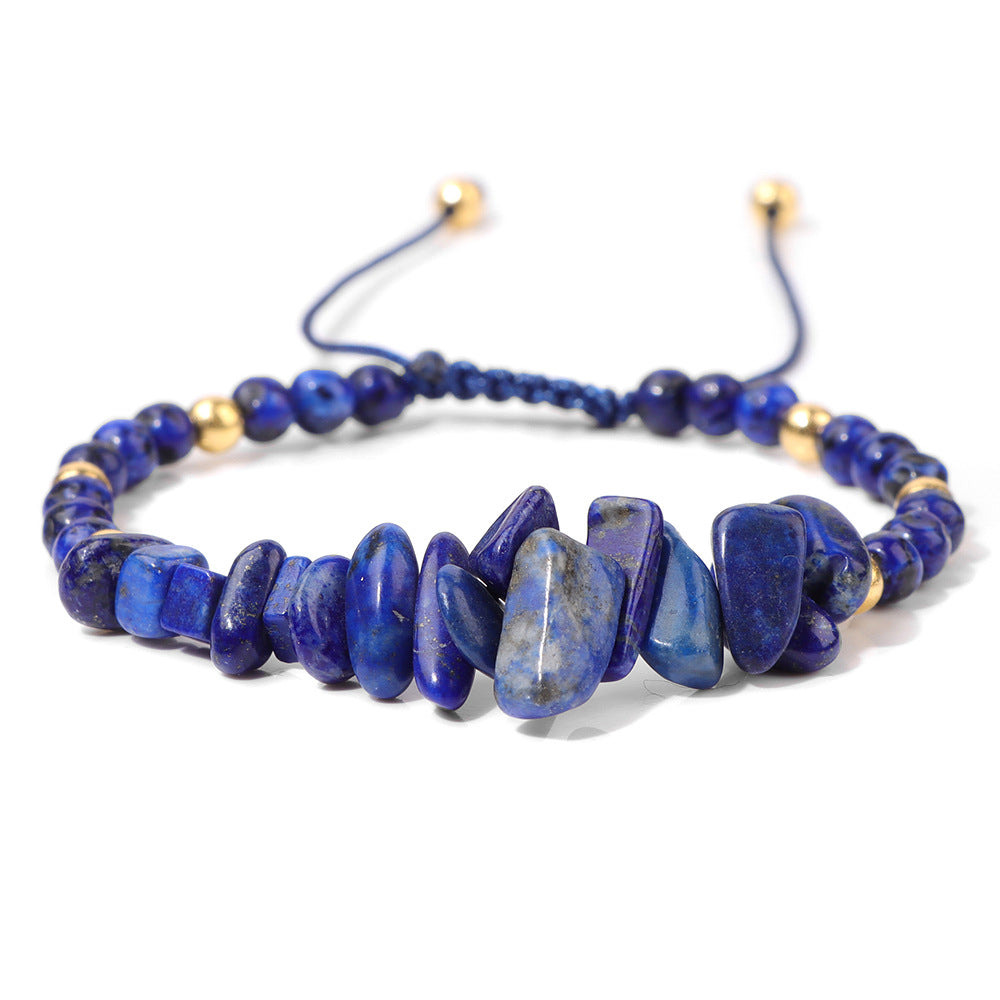 a blue beaded bracelet with gold beads